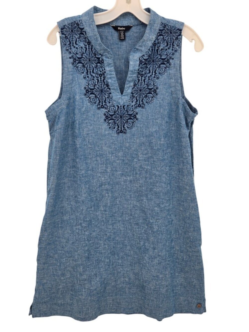 Hatley Sleeveless Dress L Linen Cotton Pockets Embroidered V Neck Boho Coastal